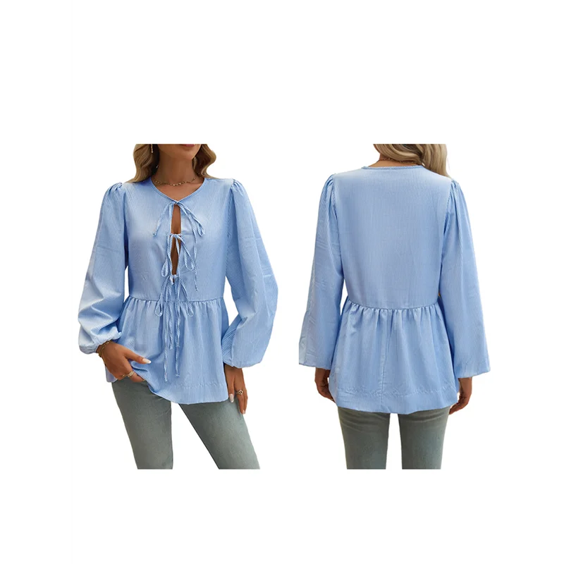 

【SEE】Женская блузка Babydoll с завязками спереди, топы с длинными рукавами, полосатые рубашки с баской и рюшами на шнуровке