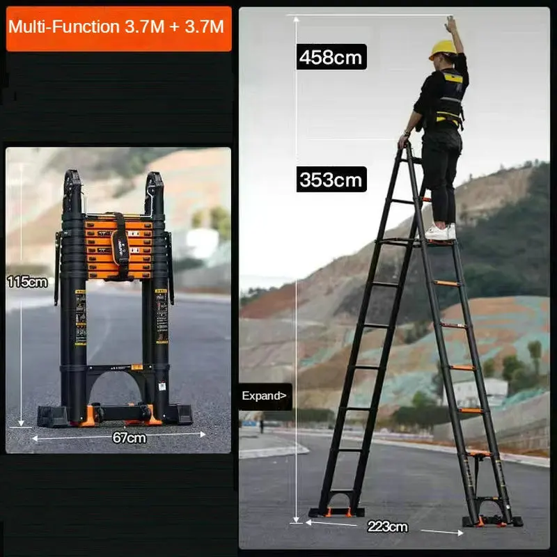 3.7M   Multifunctional Foldable Deformable Telescopic Aluminum Alloy Herringbone/I-Shaped ladder