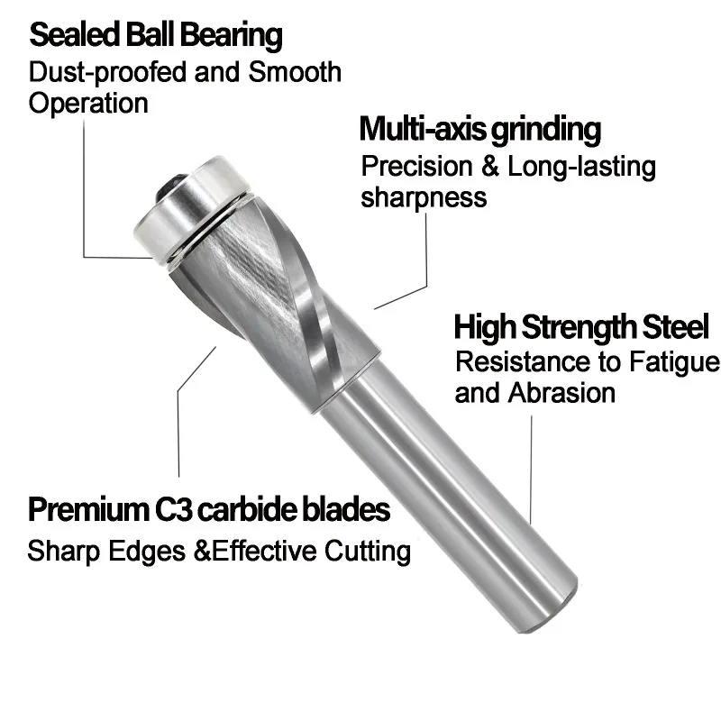 1/2" Shank Solid Carbide Upcut Flush Trim Router Bits End Bearing for Wood Template Pattern Trimming Two Flute -