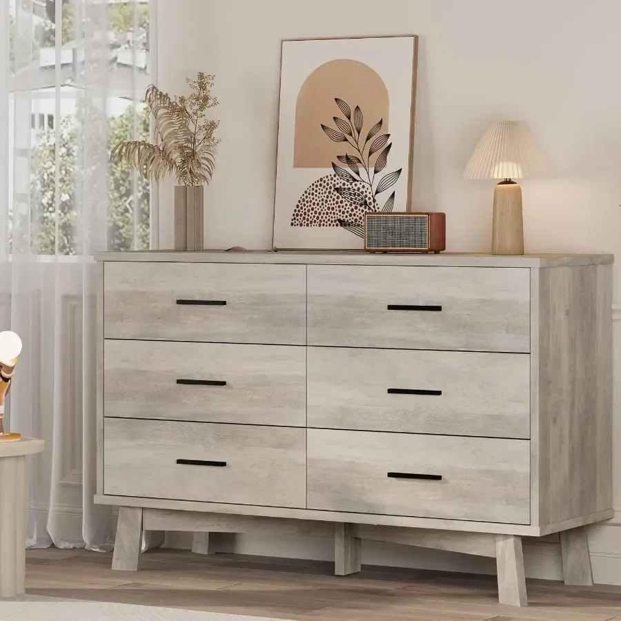 Dresser for Bedroom, 6 Drawer Wide Modern Chest of Drawers with X-Shaped Sturdy Base, Wood Double Dresser Closet Clothes Storag