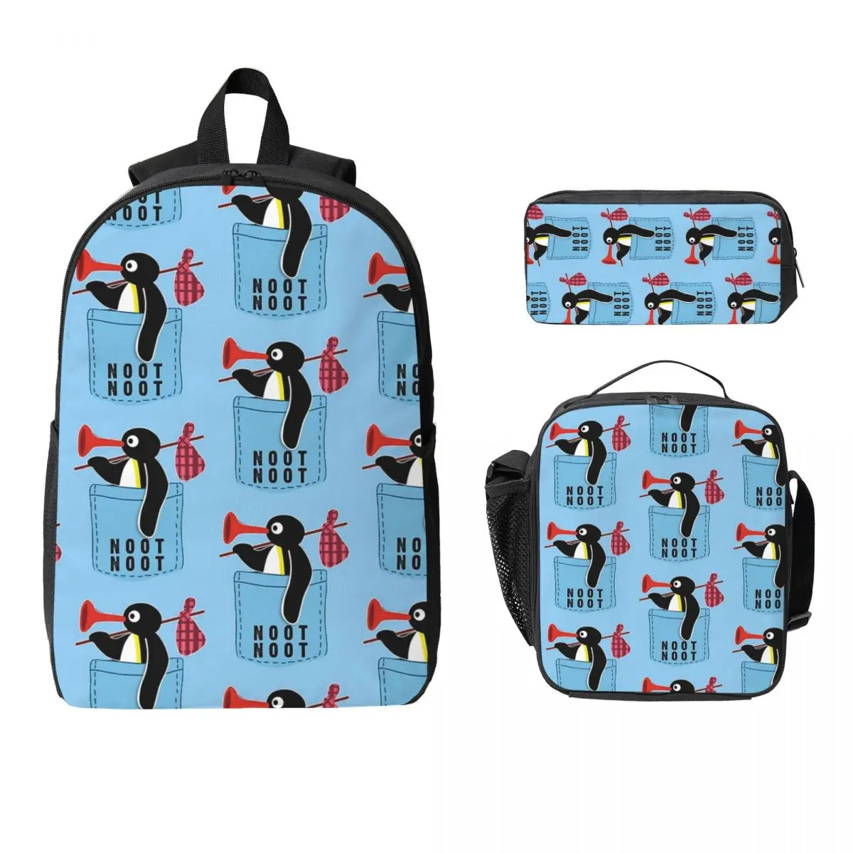 Angry Pingu Noot Noot Pocket Official Merch Backpack Student Boys Girls BookBag School Bag 3ps Insulated Lunch Bag Pencil Case