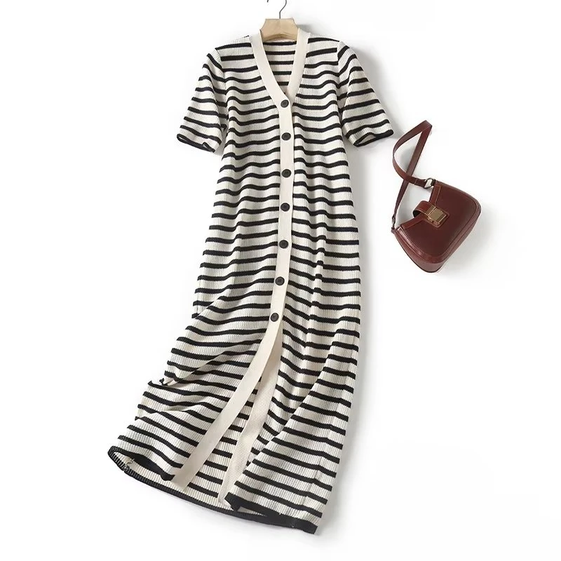 

Striped Knitted Long Dress Women Sexy V Neck Single Breasted Short Sleeve Midi Dresses 2025 New Summer Office Lady Vintage Dress
