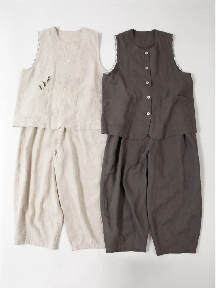 Artistic Simple Large Size Women's Vest Pure Color Linen Svel round Ne Double ket Loose Casual oulder Pad