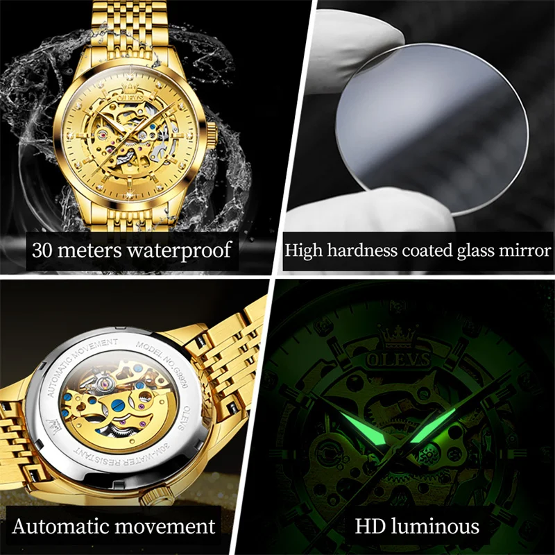 OLEVS Casual Business Watches for Men Top Brand Luxury Gold Steel Skeleton Automatic Mechanical Wrist Watch Man Waterproof Reloj