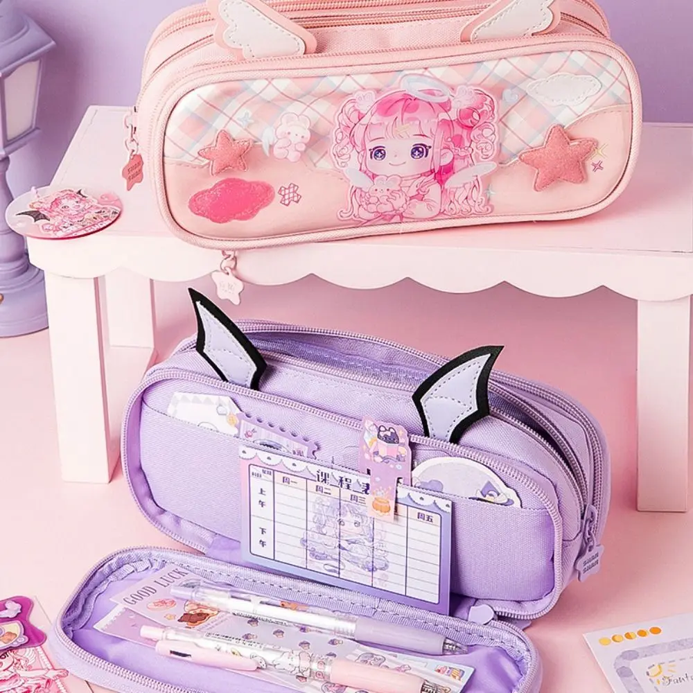 Large Capacity Angel Pencil Cases Waterproof Smooth Zipper Angel Pencil Bag Pink/Purple Three Layers Angel Pen Box