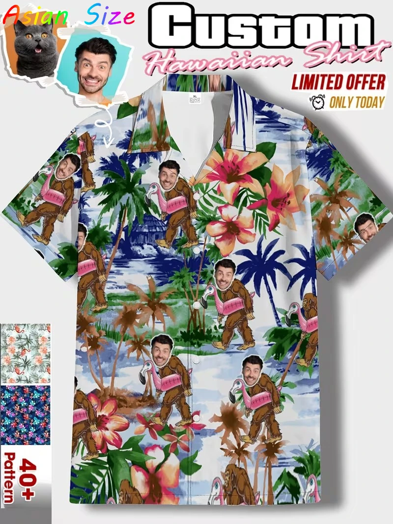 

Гавайская рубашка с листьями лица на заказ, персонализированная тропическая пляжная рубашка, рубашка в стиле отпускной вечеринки, гавайские рубашки с фото своими руками