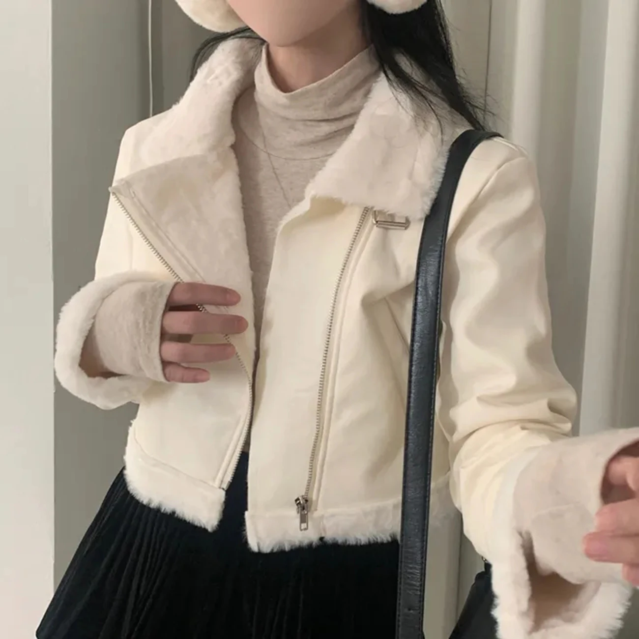 AI.Fashion Korean Faux Leather Jackets Women Lamb Wool Patchwork Coats Women Elegant Zipper Short PU Jackets Female Ladies