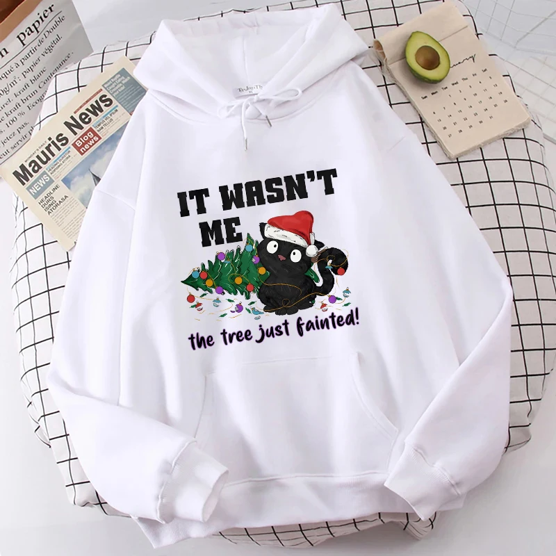 

It Wasn't Me The Tree Just Fainted Pullover Hoodies Funny Christmas Black Cat Women's Sweatshirts Cat Lover Xmas Hoody Hooded