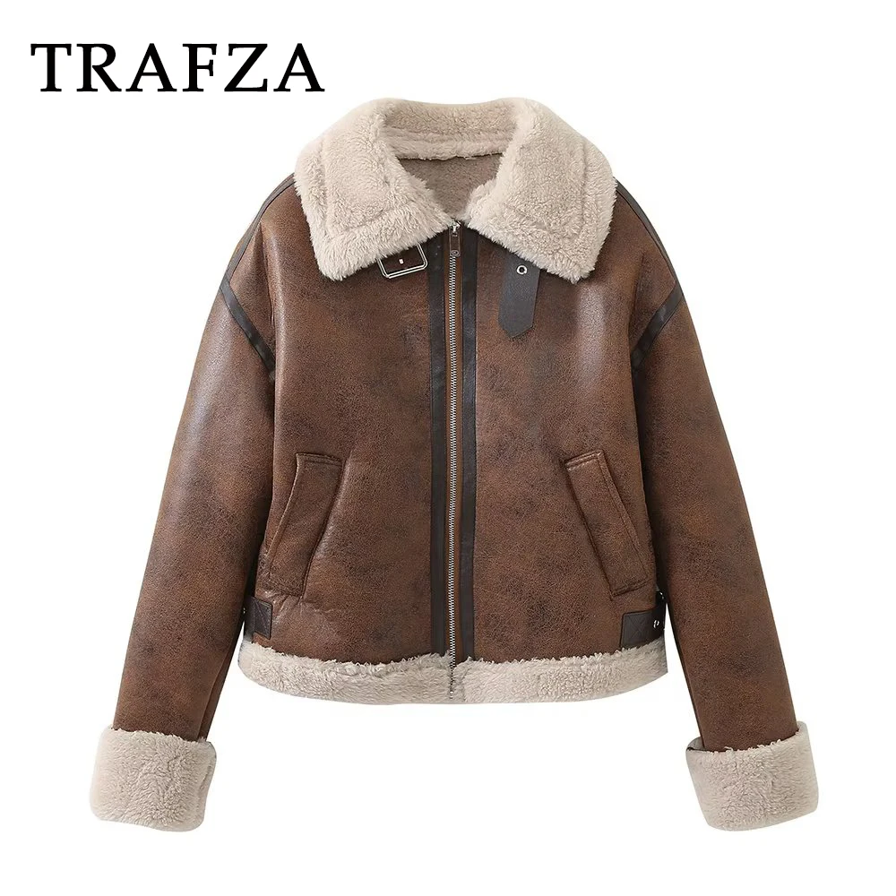 

TRAFZA 2024 Autumn Winter Women Vintage Jackets Fur Solid Streetwear Pockets Thick Zipper Casual Brown Coats Women Warm Outwear