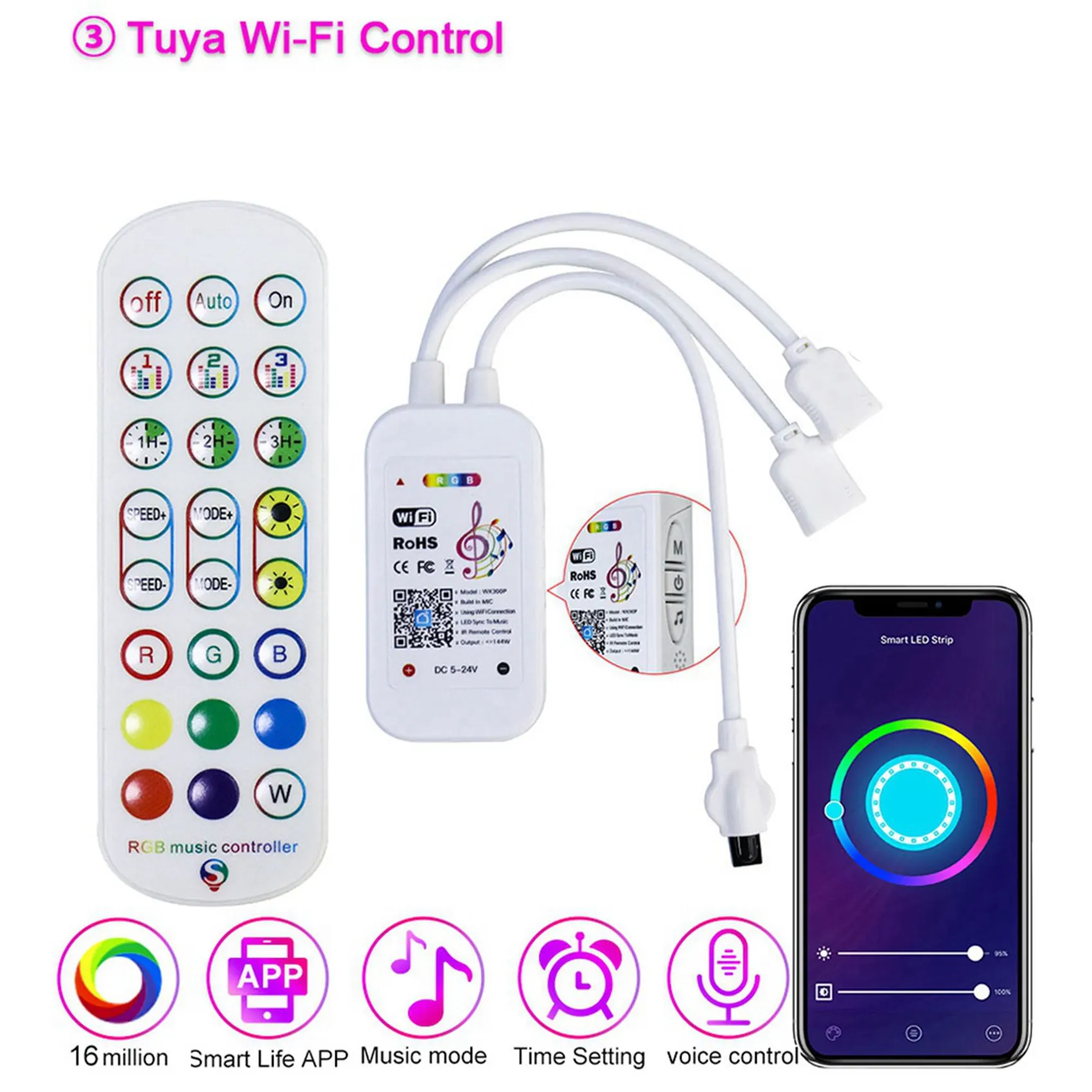 

5X Tuya Wi-Fi RGB-контроллер для светодиодных лент 3528 2835 5050 RGB-контроллер с 24 клавишами дистанционного управления