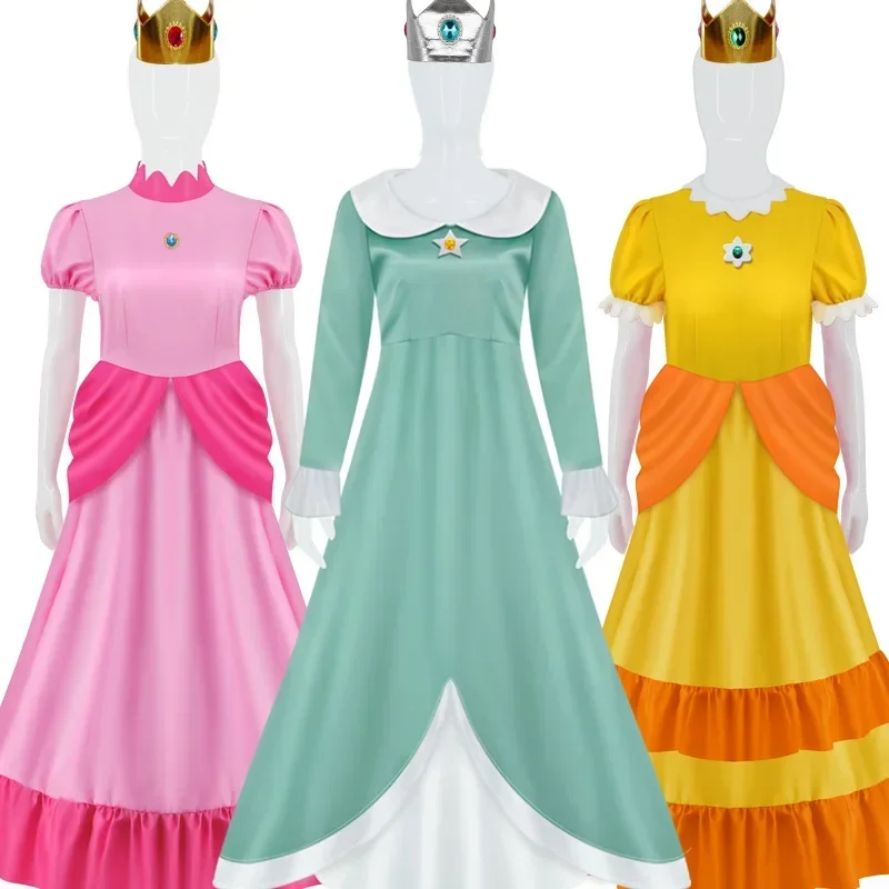 CosDaddy Princess Peach Cosplay Costume Pink Dress Adult Rosalina Blue Crown Suits Kids Halloween MN3