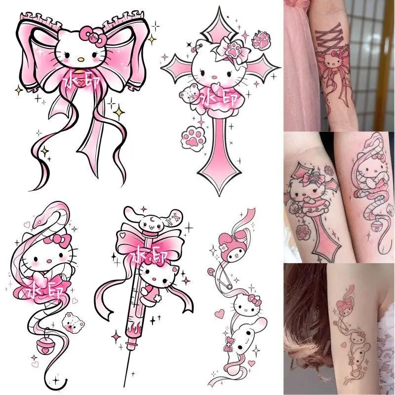 10pcs Sanrio Hello Kitty Transfer รอยสักการ์ตูนอะนิเมะน่ารัก KT Cat Play Cool สติกเกอร์แฟชั่นกันน้ําสาววันหยุดของขวัญ