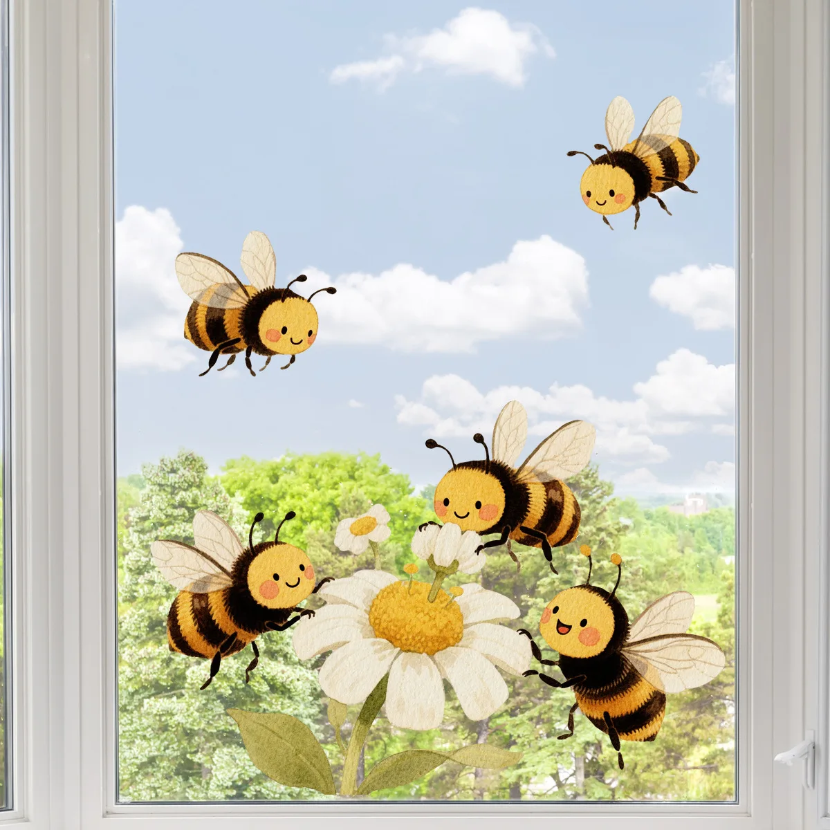 

Cartoon 5 Bees Flower Decorative Window Stickers Bedroom Shop Window Glass Double-Sided Viewable Self-Adhesive Wall Stickers PVC