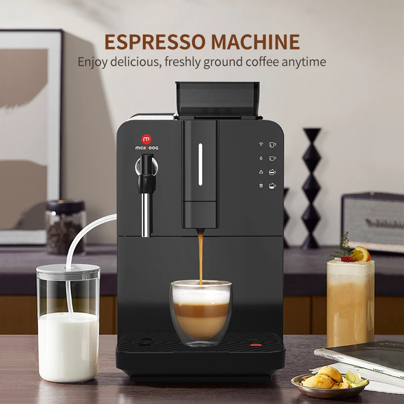 Mcilpoog HI03 Super Automatic Espresso Machine with Grinder & Milk Frother, WiFi Connected,5 Flavors for Home and Office.Silver