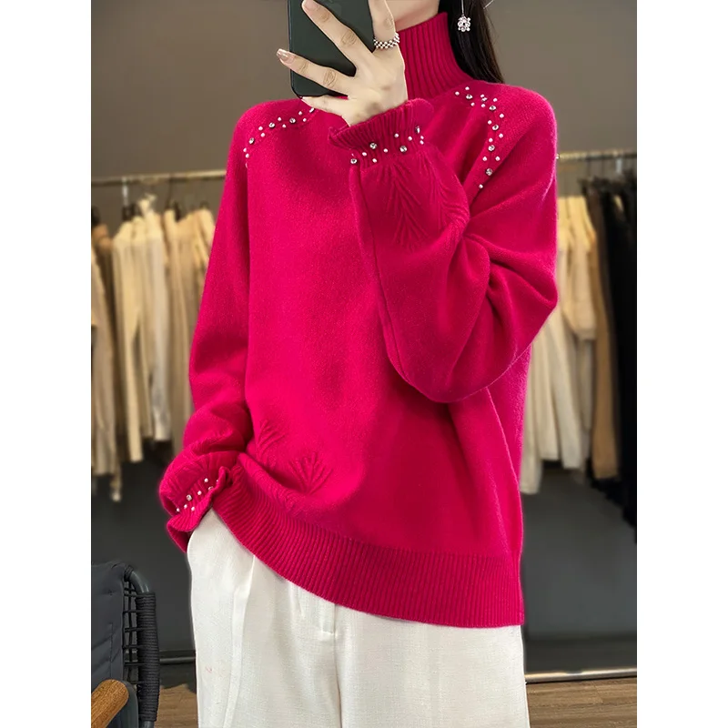 ZOCEPT Merino Wool Sweater for Women Winter High Quality Loose Fit Knitted Pullover with Pearls Diamond Thicken Sweater Pullover