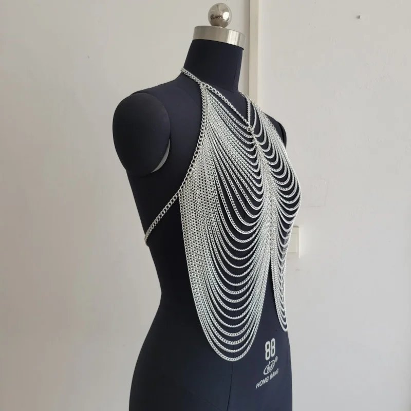 Damen Mehrschichtige Silberne Metall-Ketten Body Top Halter V-Ausschnitt Fransen Body Harness Crop Top Nachtclub Rave Festival Sexy Ketten-Tops – Detail 4