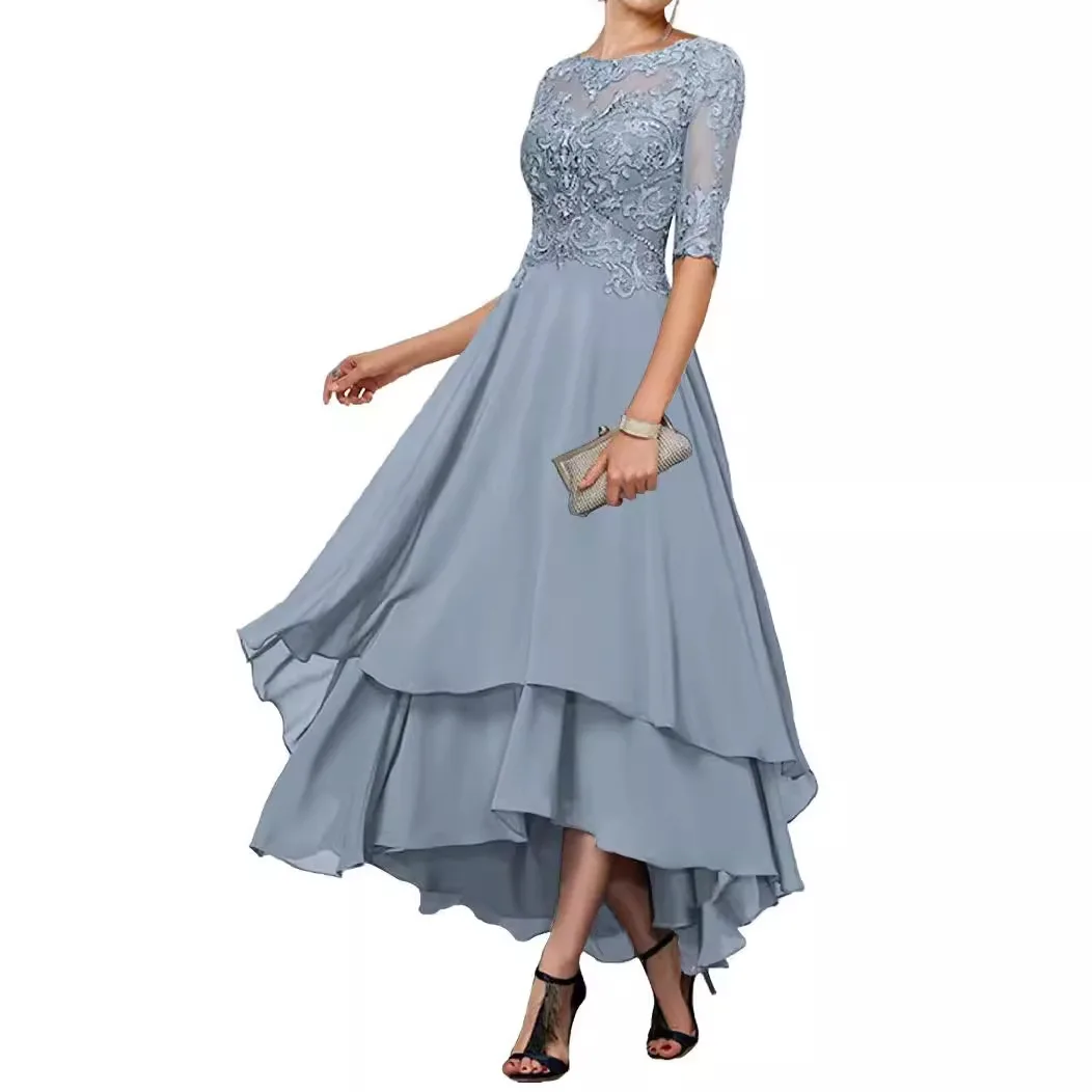 Women's Formal Prom Dress V Neck Applique Lace Up Mother of Bride Dresses A-Line Tea Length vestidos de noche Customized