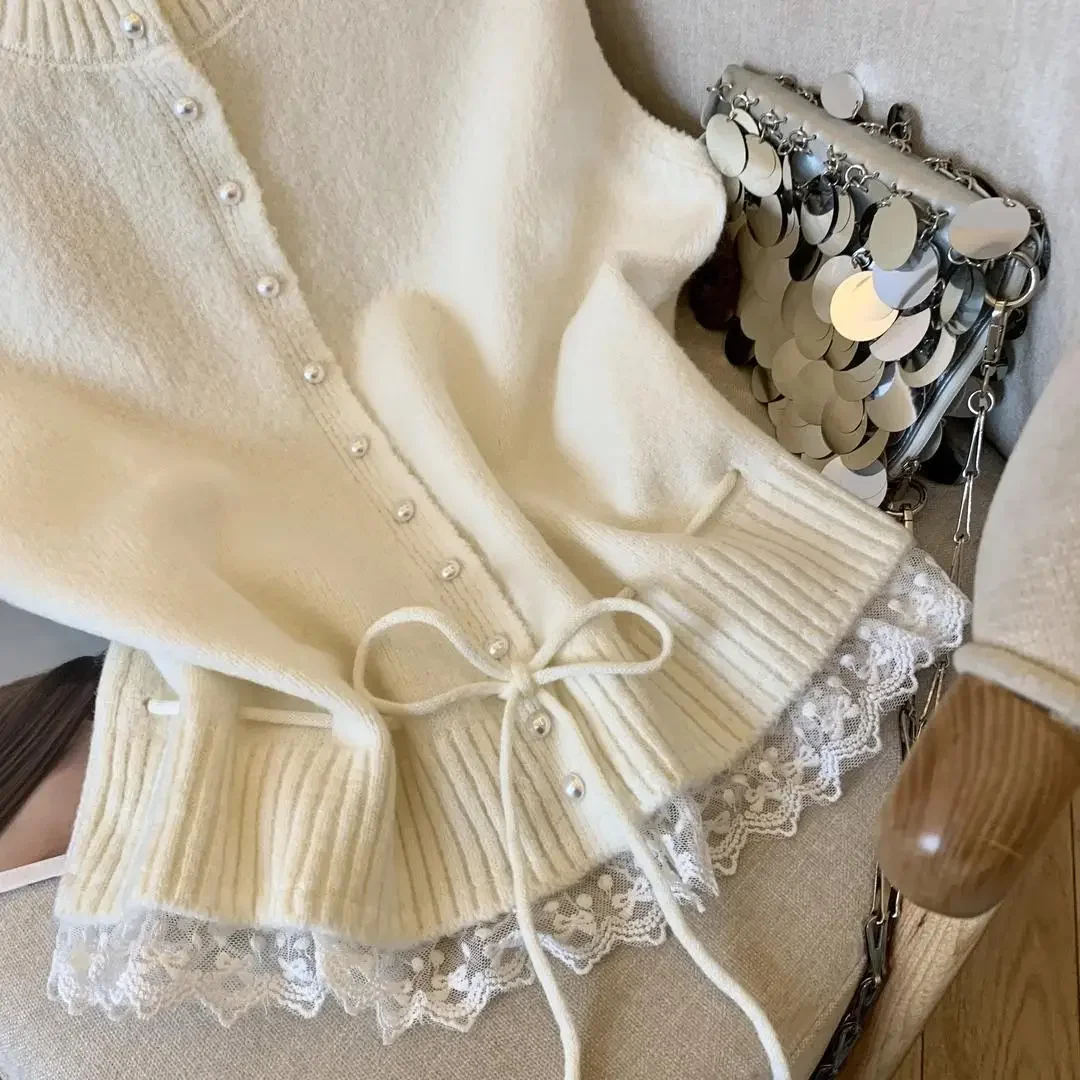 Koreanische Rundhals Einreiher Spitze Patchwork Bund Pullover Weste Frauen Neue Lose Stricken Top Westen Top