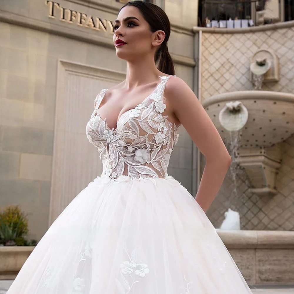 Gaun Pengantin Mewah Model Ball Gown Custom dengan Gambar, Veil, Robe Mariage Femme, Tank Top, Ritsleting, dan Detail Lace