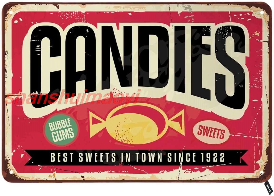 Swono Candies Tin Signs,Sweet Bubble Gums on Red Background Vintage Metal Tin Sign For Men Women,Wall Decor for Bars,Restau sign