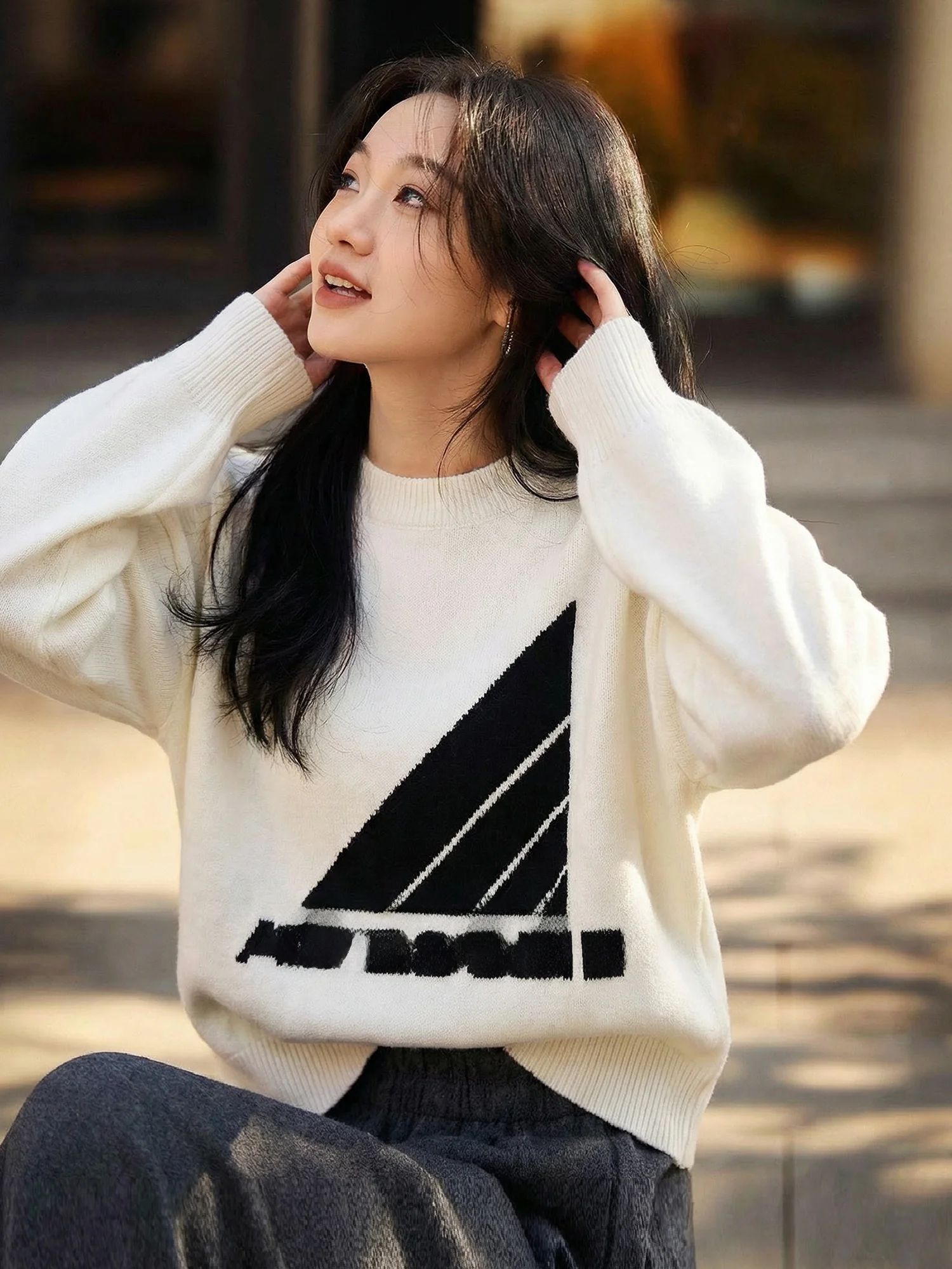 

Loose Fit Korean Sle Lazy Faion Letter Print Color Blo Knitwear Women's Spring round Ne Sweater Outerwear Top