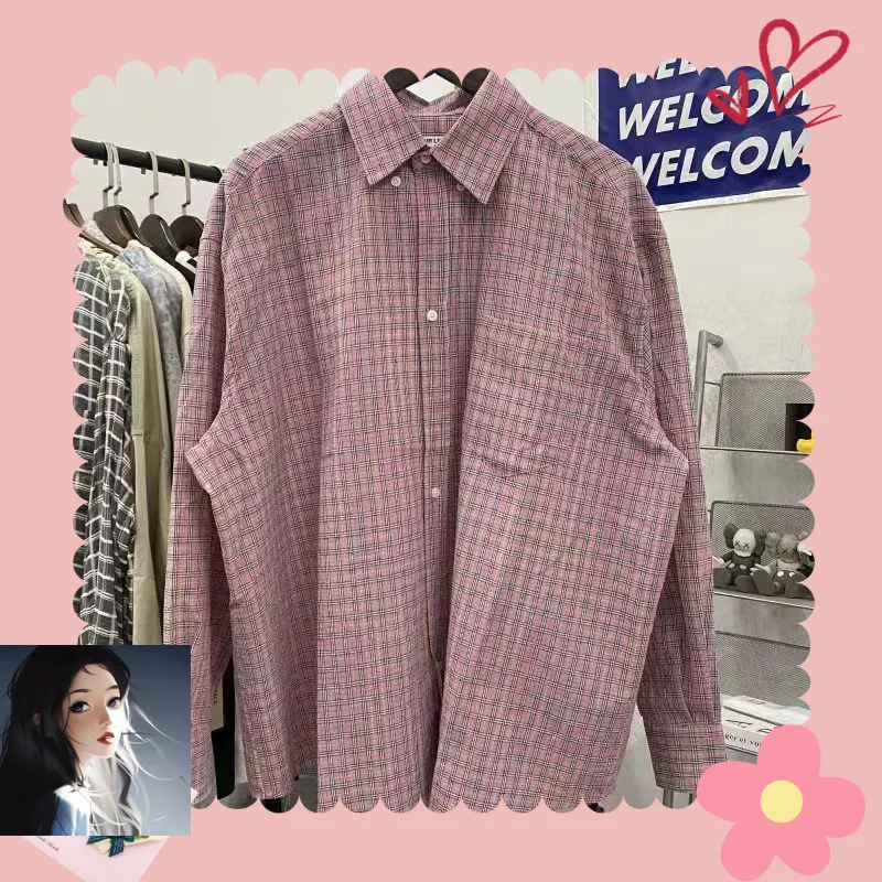 OUR LEGACY Pink Bubble Yarn Shirt Pockets Men Women High Quality Hip Hop Bubble Feel Grid Long Sleeve Shirt V-shape Blouse