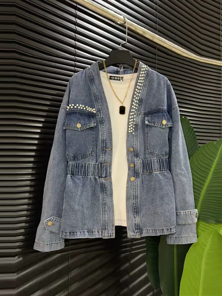 คอวีเล็บลูกปัดคอยาวแขนยาวแจ็คเก็ตยีนส์ของผู้หญิง 2025 ฤดูใบไม้ผลิและฤดูใบไม้ร่วงเอวยางยืด cinching อเนกประสงค์ด้านบน