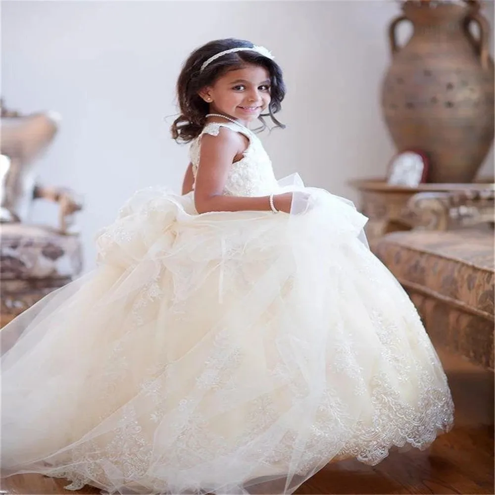 Lovely Flower Girl Dress for Wedding Lace Puffy Tulle Ball Gown Princess Birthday Party Custom Made First Communion Dress