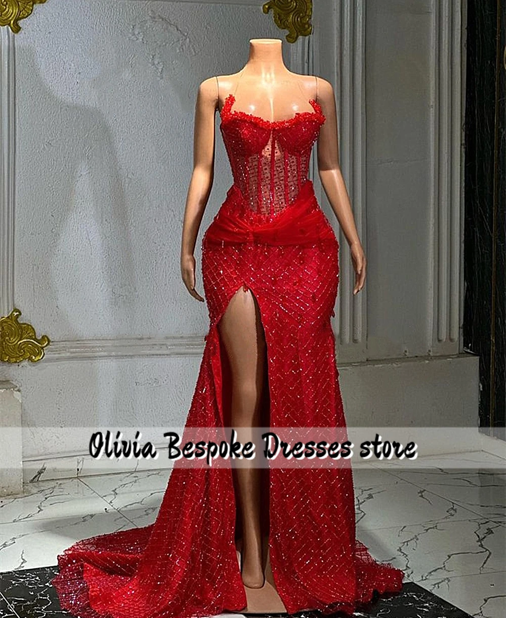 Glamorous Red African Mermaid Prom Dresses Split Aso Ebi Evening Party Gowns Bedings Corset Wedding Reception Dress Customized