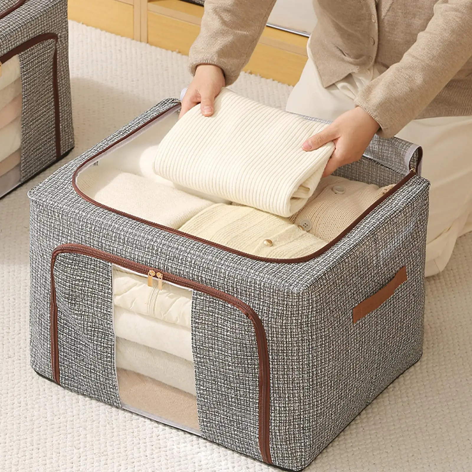 Clothes Storage Bin Foldable Blanket Container With Zipper & Lid Clothing Bins For Wardrobe Comforters Bed Sheets Pillows Toys