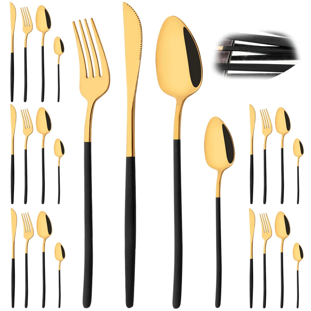 24Pcs 18/10 Stainless Steel Dinnerware Set Black Gold Cutlery Spoon Fork Knife Western Cutlery Silverware Tableware Set Supplies