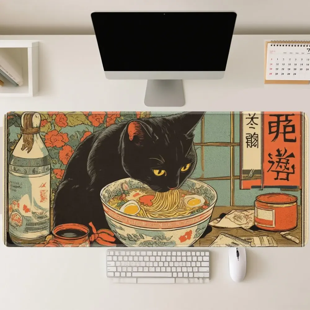 Japanese Ukiyo-e Black Cat Ramen Gaming Mouse Pad, Large Non-Slip Desk Mat with Vintage Style for Gamers Office