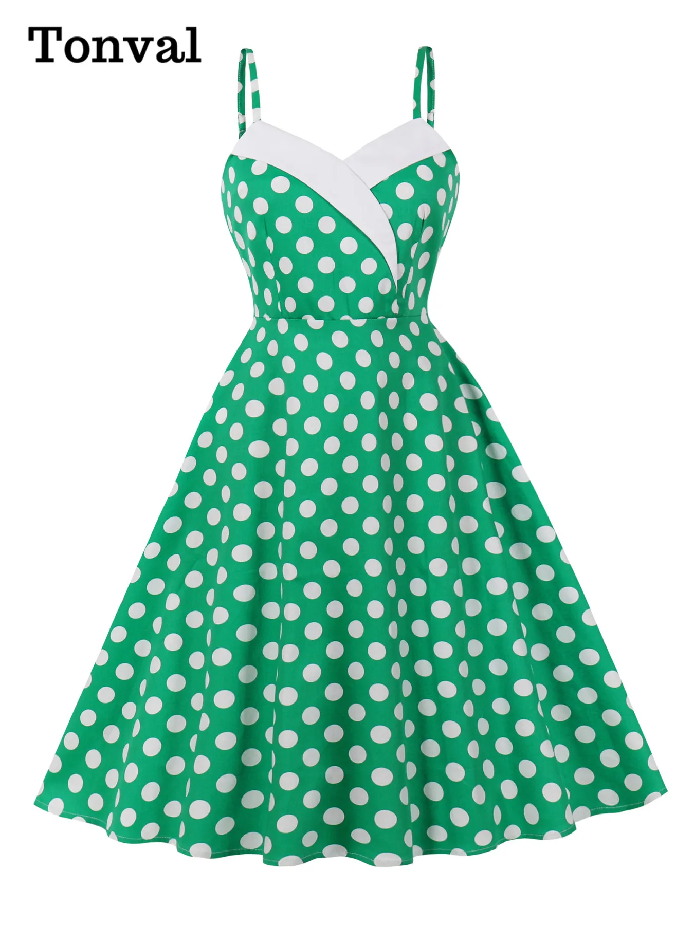 Tonval Abiti vintage anni '50 con cinturino per spaghetti a pois per le donne Abiti da festa Abito in cotone verde svasato e vestibilità senza schienale