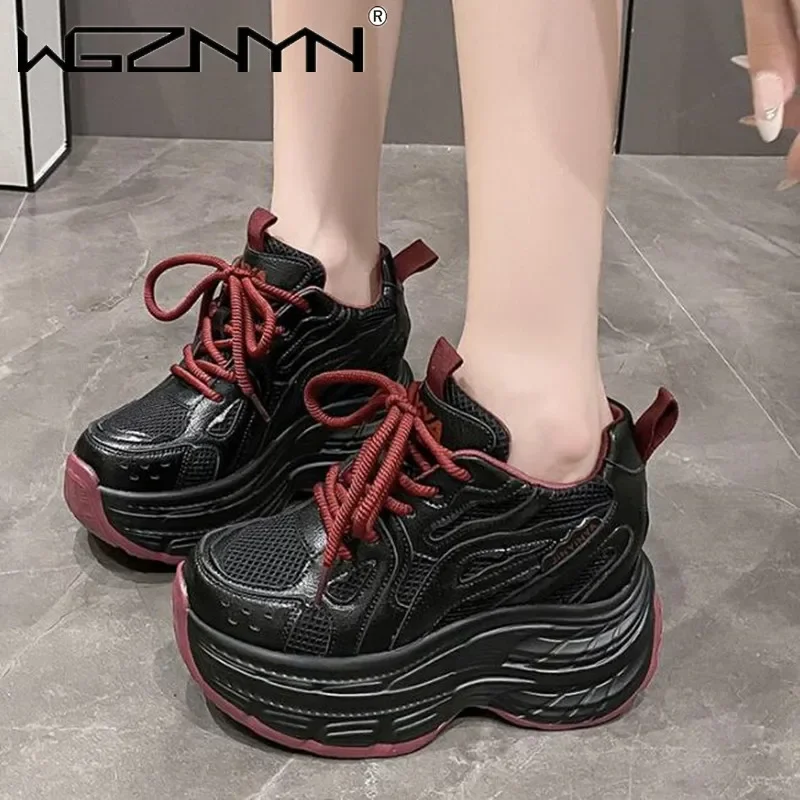 Women Autumn Breathable Chunky Sneakers Lace Up 8.5CM Platform Sports Shoes Woman Thick Bottom High Heels Female Wedges Sneaker