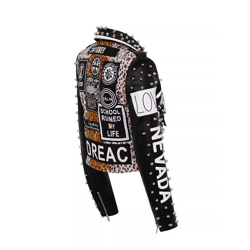 Leopard Patchwork Leather Jacket Women 2024 Trend Rivets Punk Style Streetwear Graffiti Print Faux Leather Motorcycle Jackets