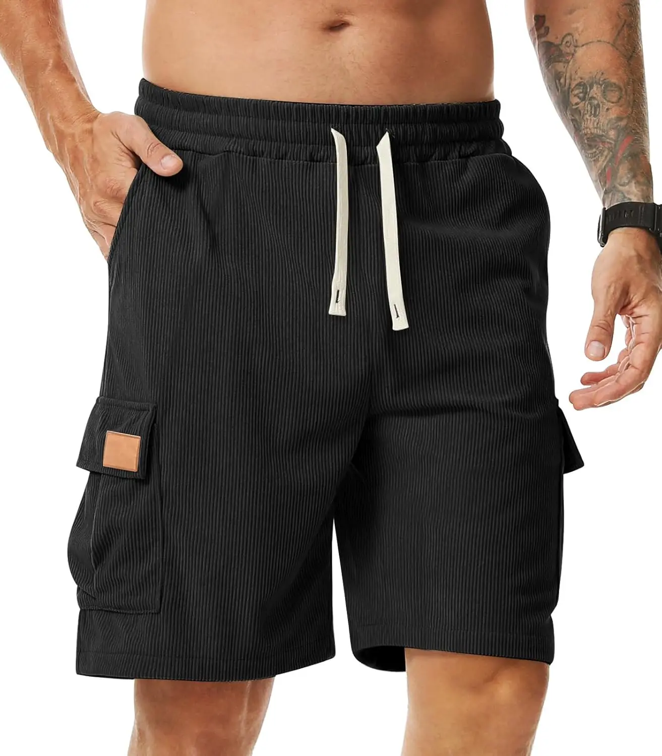 

Mens Casual Corduroy Shorts Elastic Waistband Drawstring Shorts Summer Jogging Sport Short with Multi Pockets