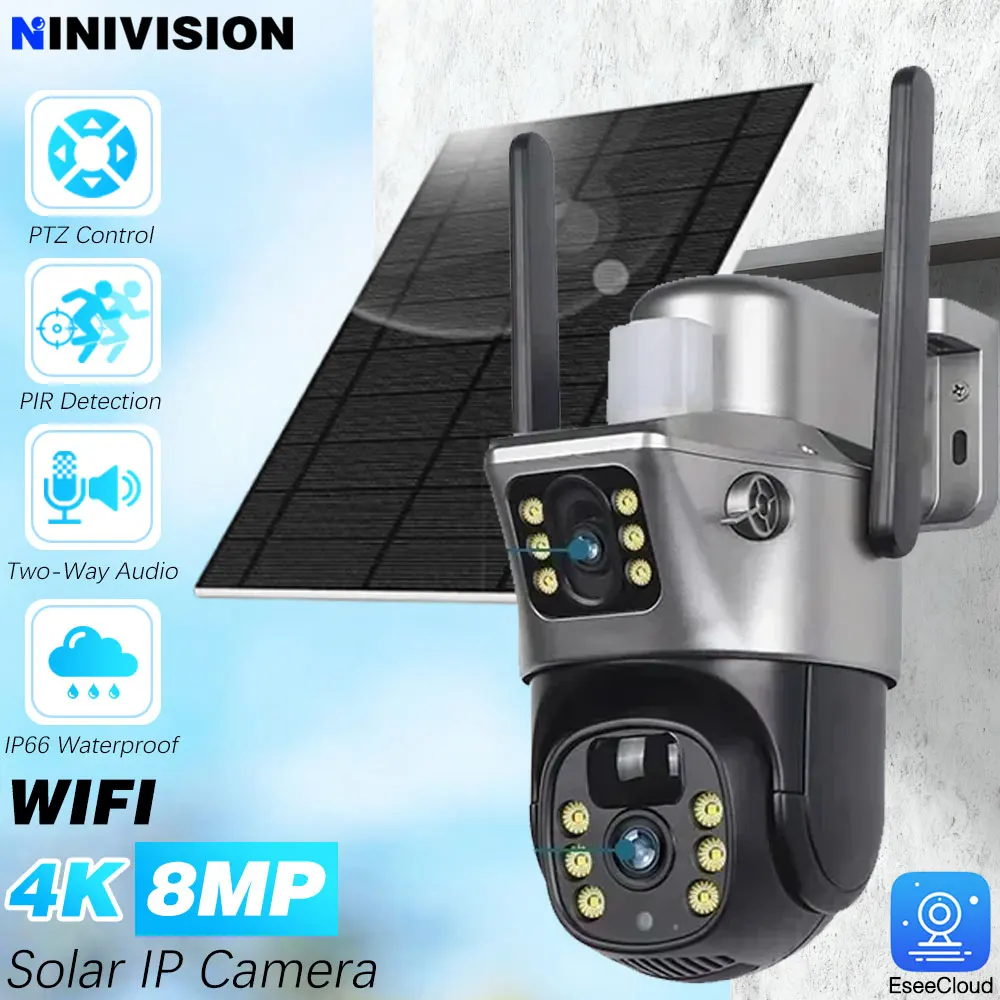 4K 8MP 5G&2.4GHZ WiFi Solar Camera Dual Lens Dual Screen CCTV Camaras PIR Detection EseeCloud Surveillance Battery PTZ Cameras