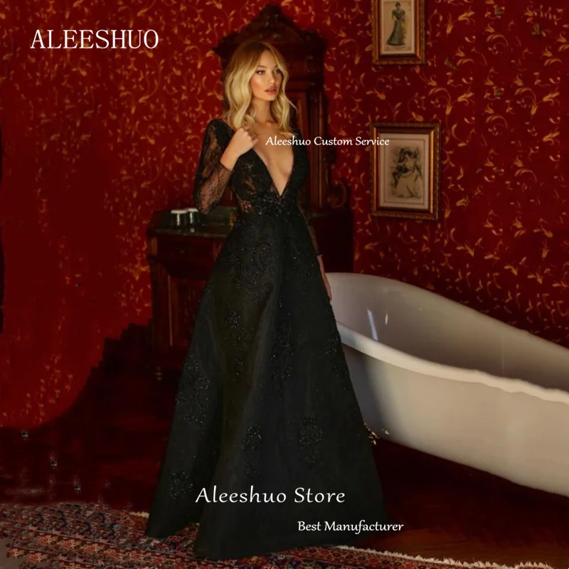 Aleeshuo-vestidos de noche negros de lujo con escote en V profundo, corte en A, encaje, cuentas, tul, mangas largas, vestidos de fiesta con botones, Vestido personalizado