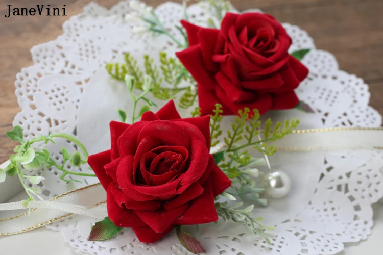 JaneVini Red Rose Boutonniere for Wedding Men Groom Wedding Corsages Suit Buttonholes Brooch Artificial Bride Wrist Flowers Set