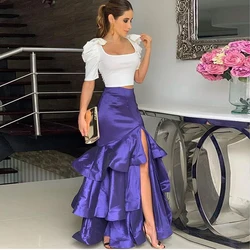 Purple Tiered Satin Skirt Long Mermaid High Split Women Formal Wear High Waist Party Skirt Saia Mujer Faldas Casual African