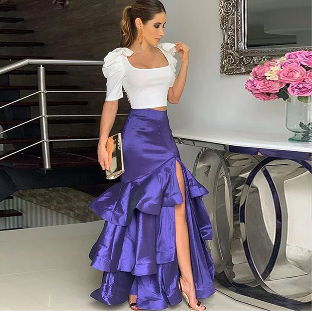 Purple Tiered Satin Skirt Long Mermaid High Split Women Formal Wear High Waist Party Skirt Saia Mujer Faldas Casual African Skirts AliExpress