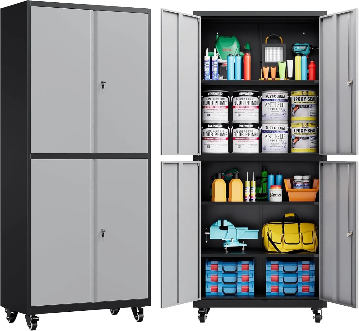 SISESOL Metal Storage Cabinet with Wheels Rolling Garage Tool Cabinet with Lock Gray Metal Shelves Home Office Shop