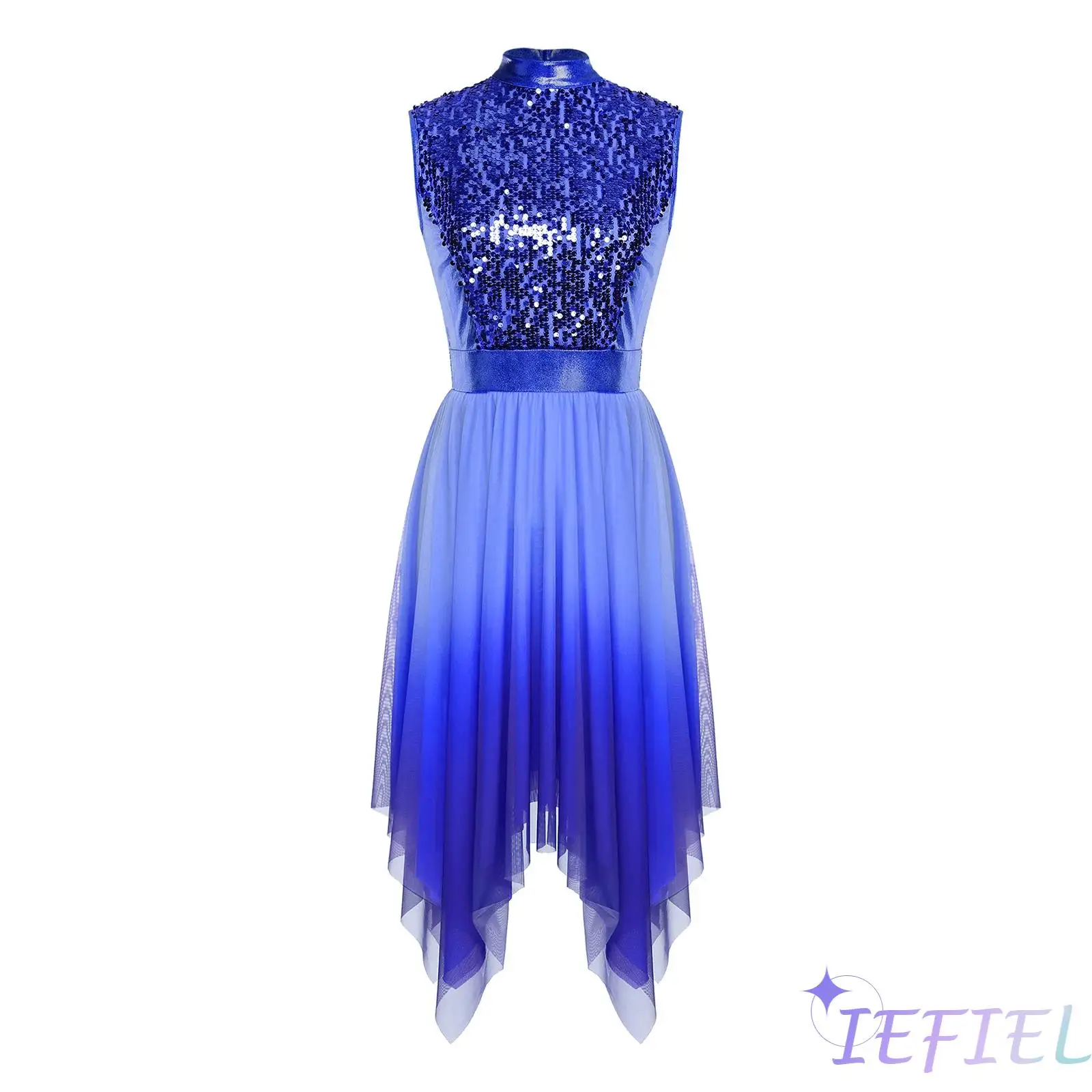 Women Liturgical Worship Praise Dance Dress Glittery Sequined Sleeveless Bodice Gradient Mesh Irregular Hem Modern Lyrical Dress