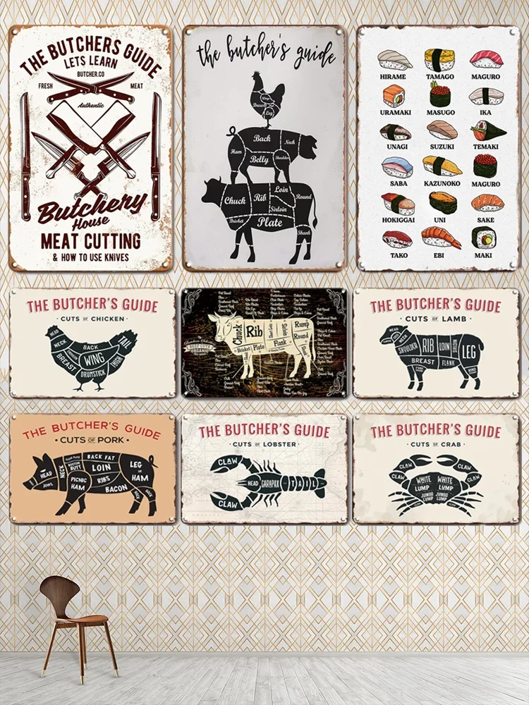 Antique The Butcher\'s Guide Metal Sign Vintage Kitchen Animal Market Decor Tin Sign Art Cut\'s Poster Metal Plate Wall Decoration