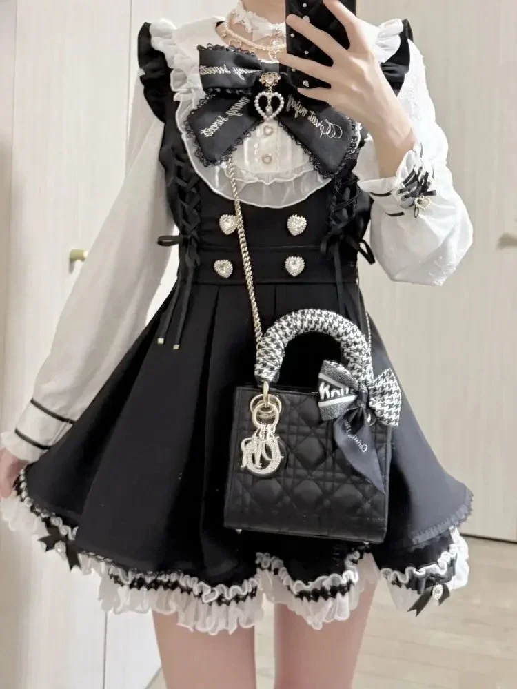 Japanese Y2 Aesthetics Vintage Bow Dress Shorts Set Women Gothic Lolita Style Long Sleeve Shirt Dress Elegant Party Dress Suits