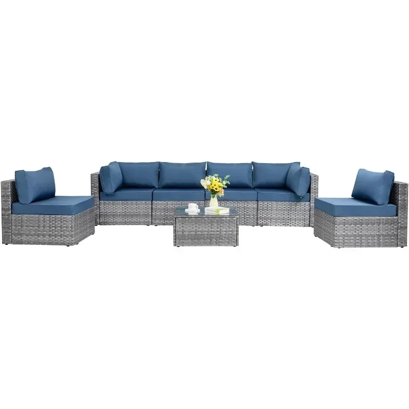 

Shintenchi 7 Piece Outdoor Patio Sectional Sofa Couch, Silver Grey PE Wicker Furniture Guest Room Set