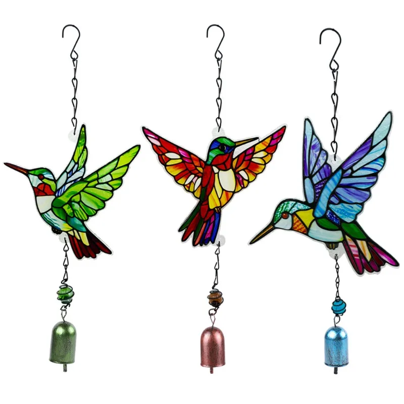 Glass Hummingbird Wind Chime Diamond Glass Crafts Hanging for Home Garden Courtyard Balcony Decoration Housewarming Gift