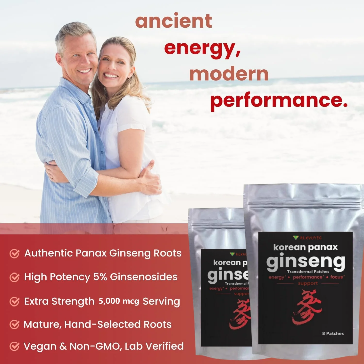 Extrait de racine de ginseng Panax rouge coréen, supplément de poudre à haute teneur en ginsénosides, 5000mcg, 32 patchs transdermiques, extra fort