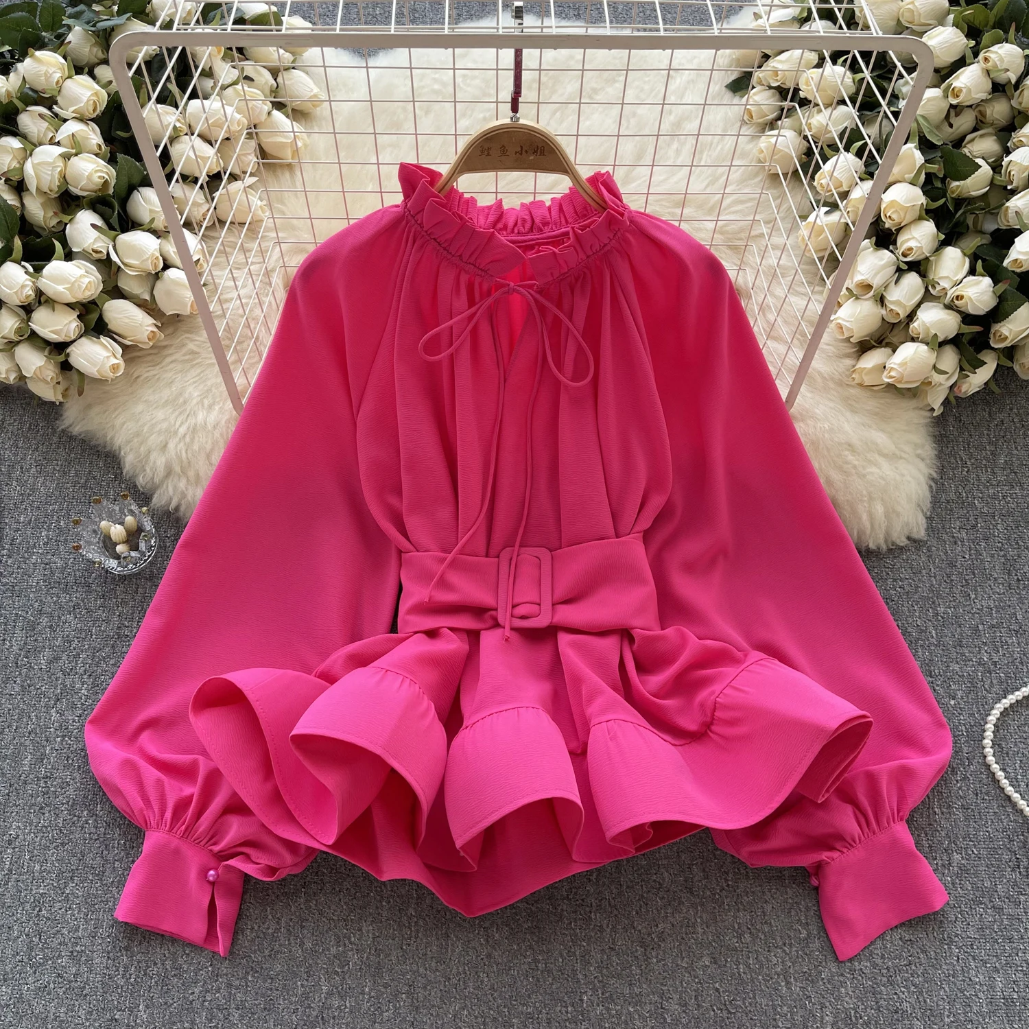 ALPHALMODA 2024 High-end French Retro Court Style Long-sleeved Pullover Belted Fashion Ruffled Blouse