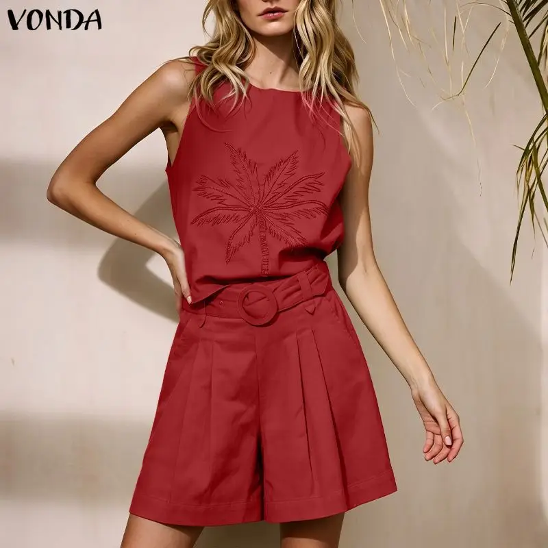 VONDA Sommer-Damen-Kurzsets, 2-teilig, ärmellose Oberteile, lockere Shorts, zweiteilige Outfits, OL, Arbeit, Party, elegante passende Sets, Streetwear